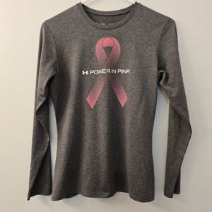 Like New Under Armour Gray "Power in Pink" Long-Sleeve Ladies Top - Size XS